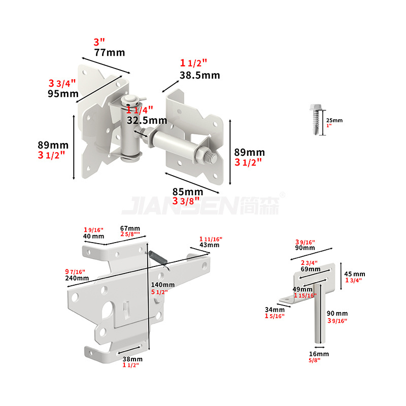 White Heavy Duty Adjustable Self-closing Farm Wood/Vinyl/PVC Fence Gate Post Hinge And Door Latch Hardware set