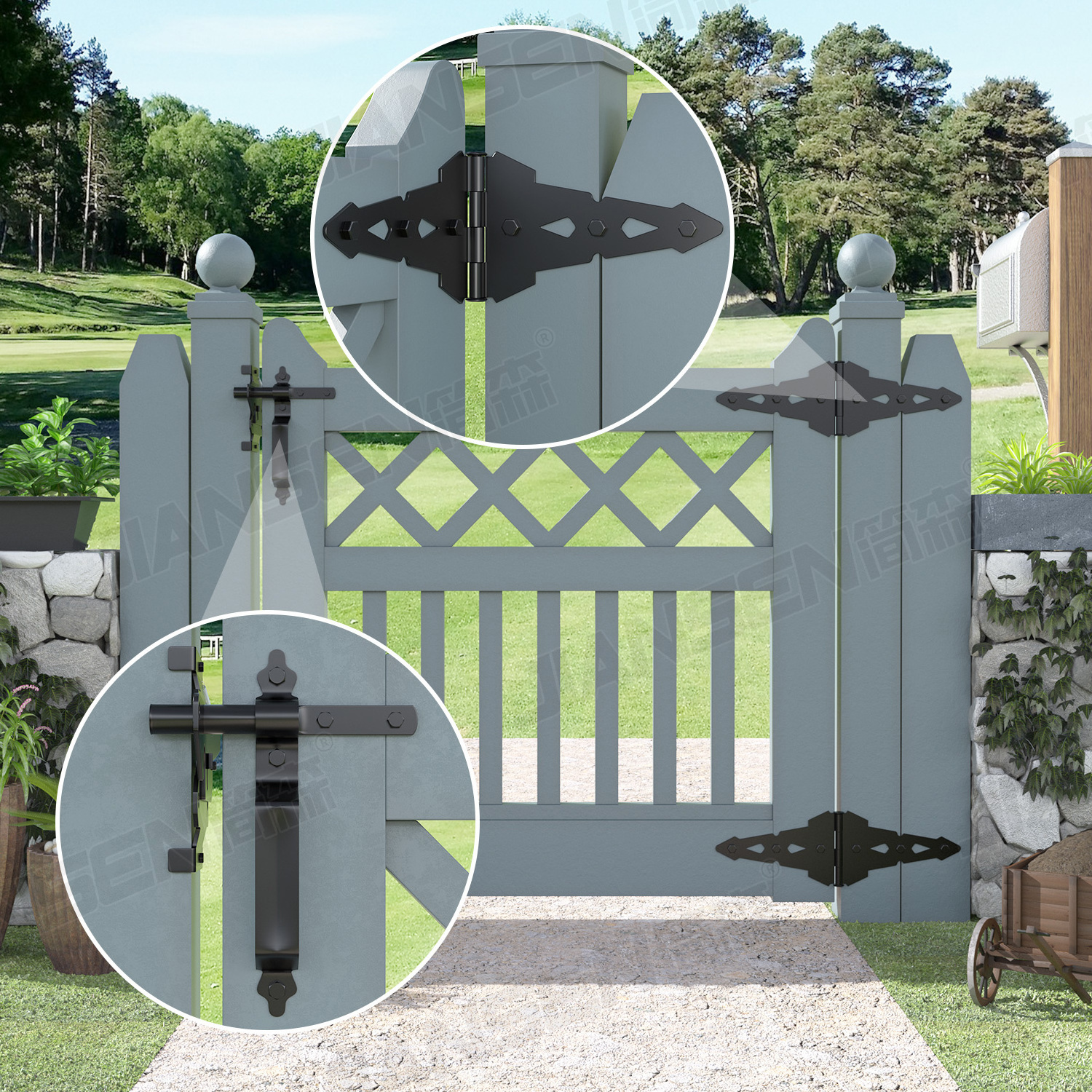 Traditional Heavy Duty Decorative Strap Hinges And Spring Loaded Latch Black Wood Gate Hardware Set Kit For Outdoor