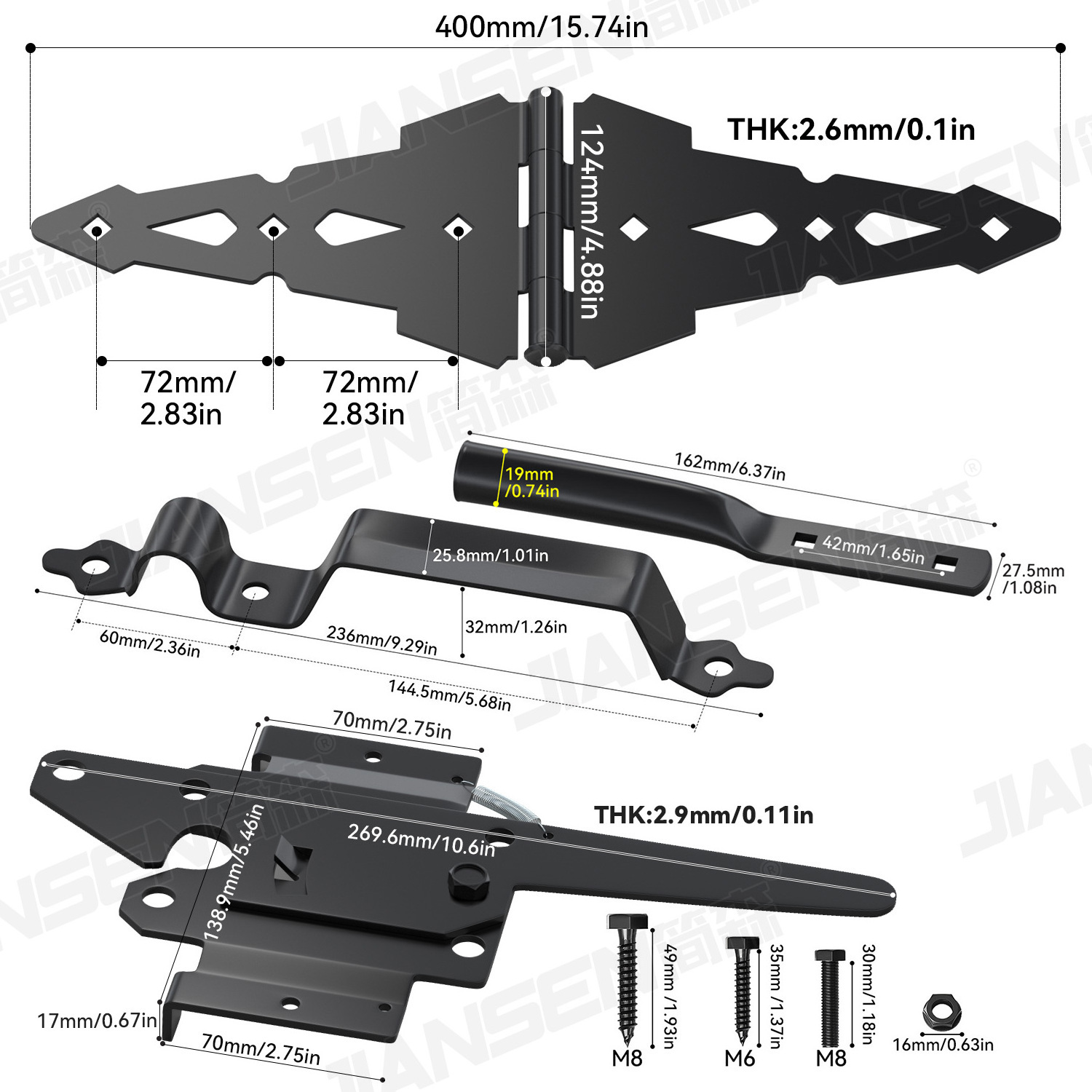 Traditional Heavy Duty Decorative Strap Hinges And Spring Loaded Latch Black Wood Gate Hardware Set Kit For Outdoor