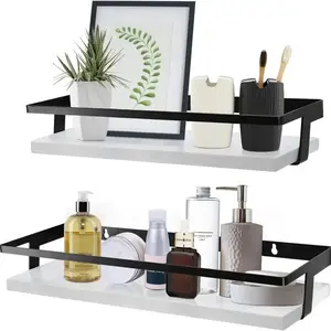 Bathroom Floating Shelf Decorative Wood Wall Storage Shelves, Black Metal Frame Perfect for Kitchen, Bathroom Wall Decor