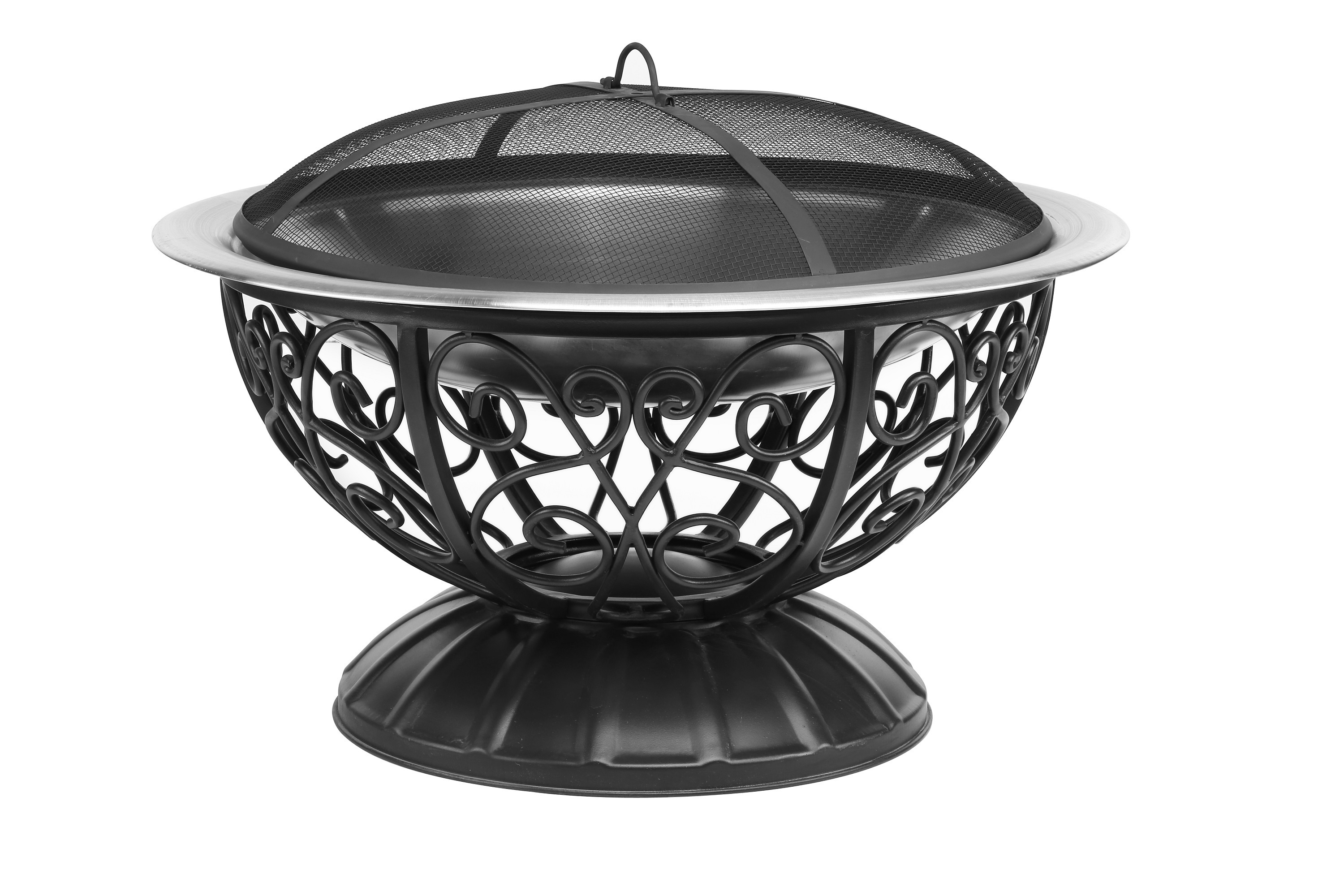 Metal Cage Backyard Garden Free Standing Firepit Fire Pit with Scroll Base Screen and Cover