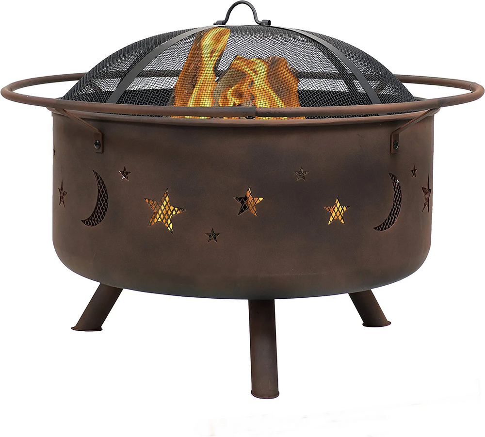 30 Inch Stars and Moons Wood Burning Fire Pit with Wood Grate and Spark Screen