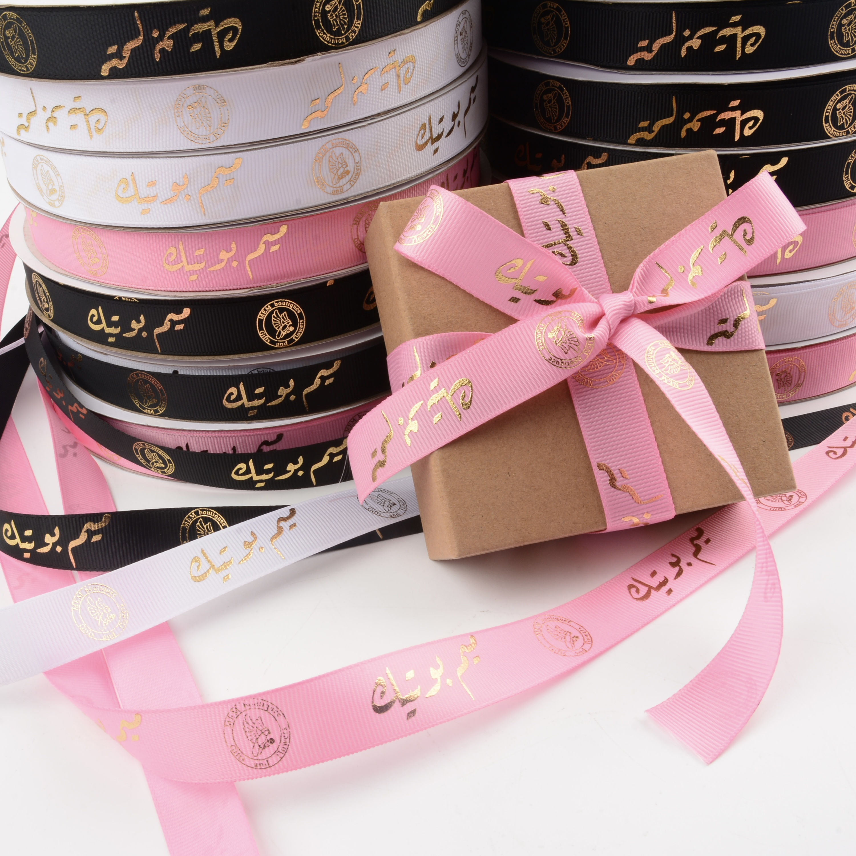 Custom logo polyester gold foil ribbon for packaging decoration