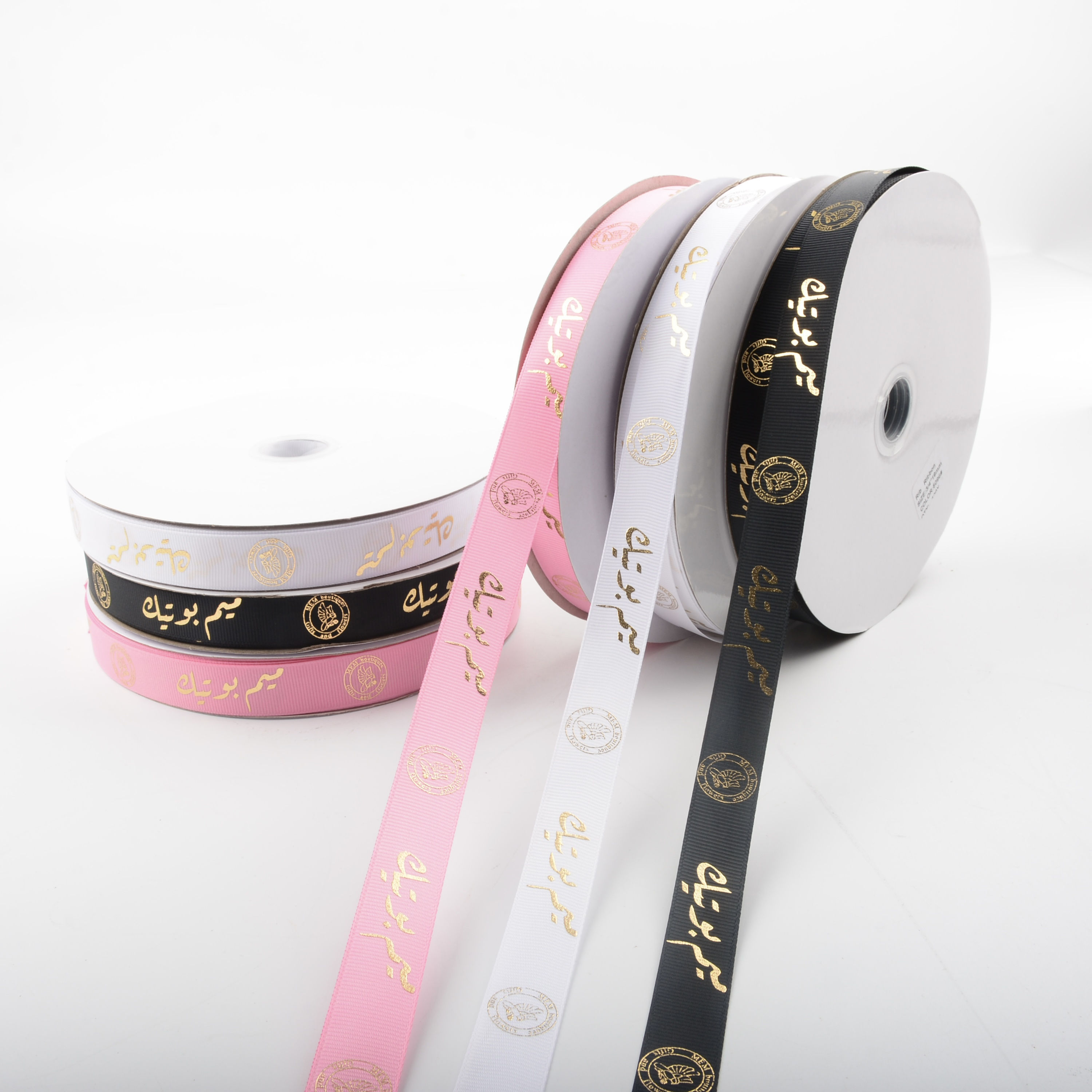 Custom logo polyester gold foil ribbon for packaging decoration