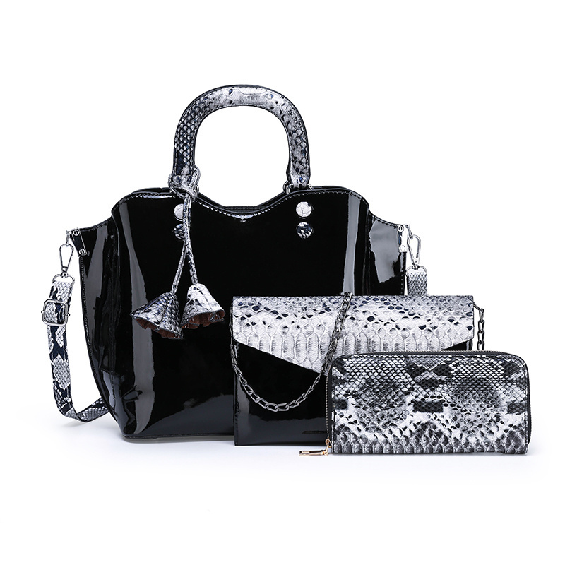 JIANUO 2019 snake skin handbags for women ladies patent leather bag set