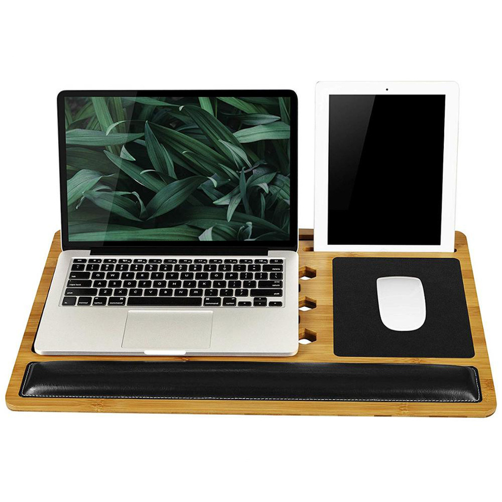 Custom Cooling Punching Design Portable Bamboo Laptop Lap Tray Multifunctional Bed Sofa Desk With Soft Pillow Cushion