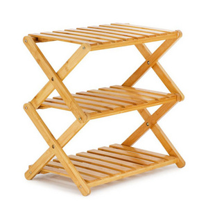 Custom Modern Bamboo Wooden Foldable 3 Tier Multifunctional Organizer adjustable Folding Shoe Rack