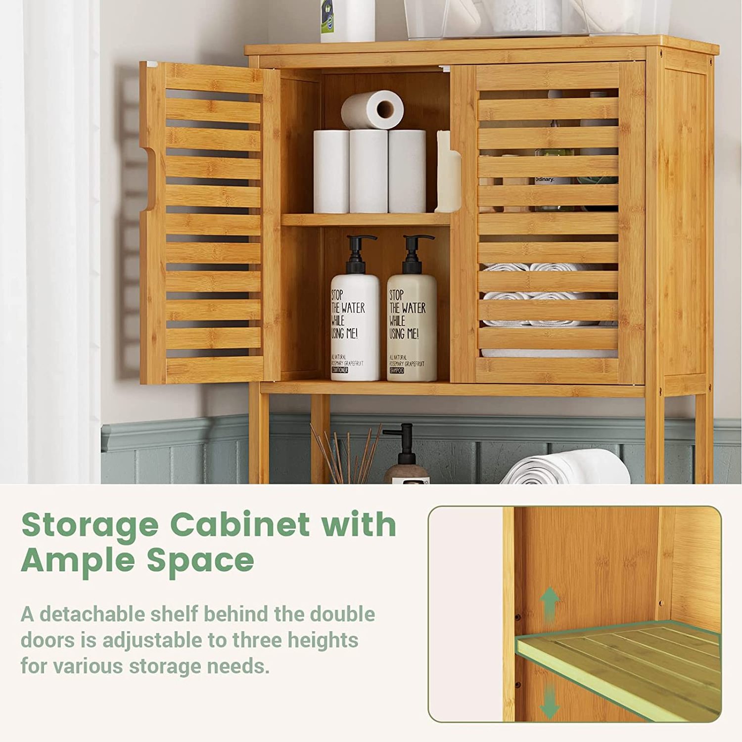 Over The Toilet Storage Cabinet, Tall Bathroom Cabinet Organizer with Cupboard and Adjustable Shelf