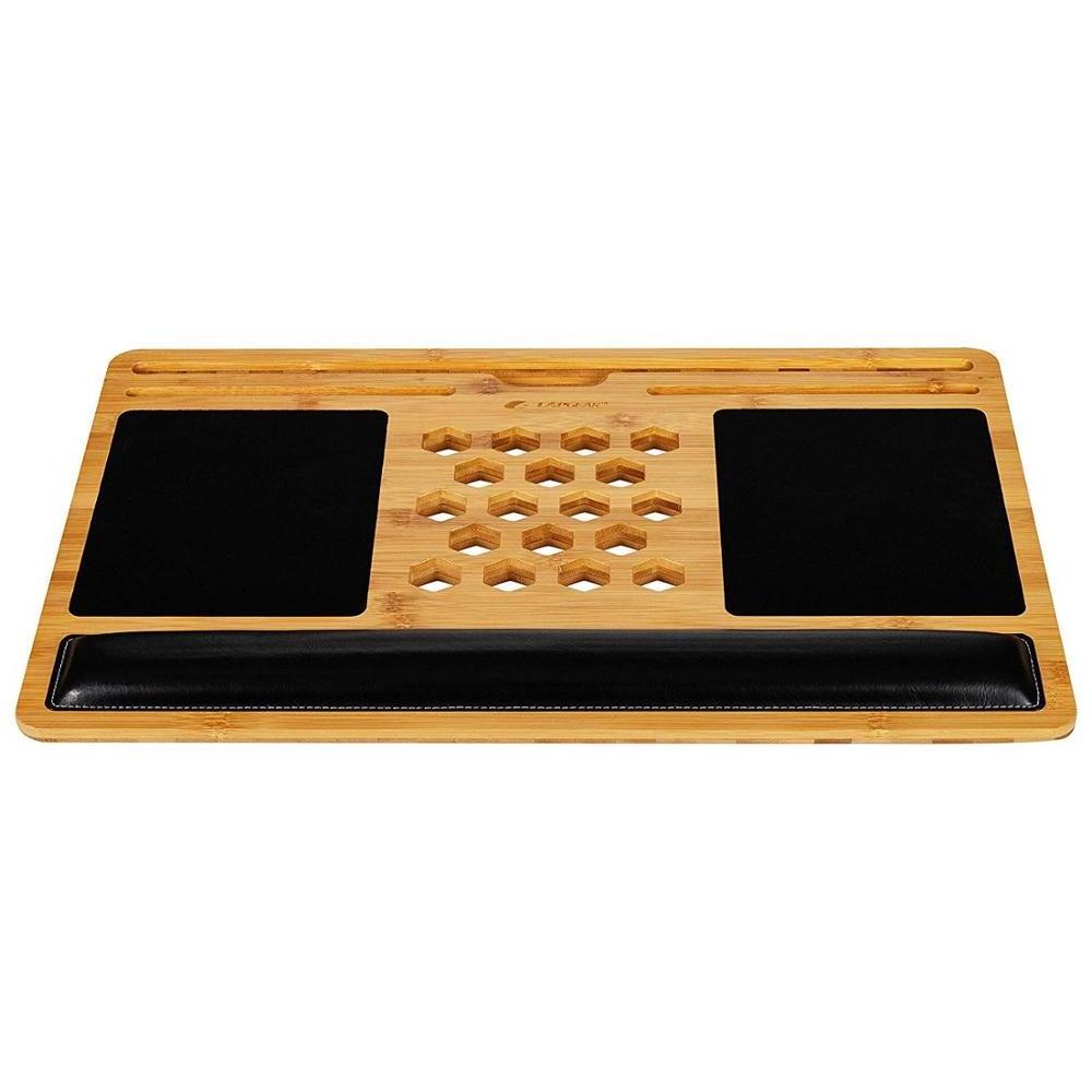 Custom Cooling Punching Design Portable Bamboo Laptop Lap Tray Multifunctional Bed Sofa Desk With Soft Pillow Cushion