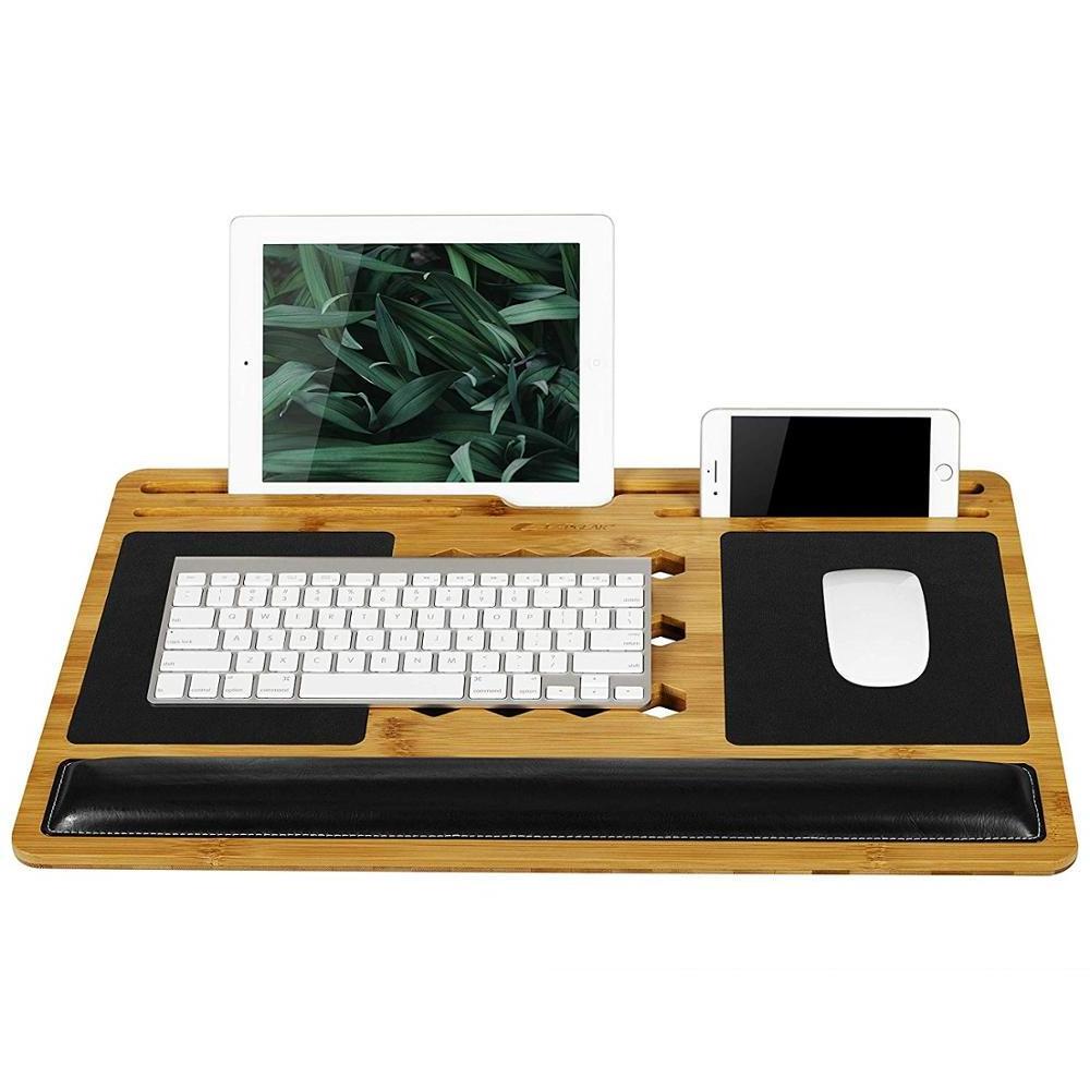 Custom Cooling Punching Design Portable Bamboo Laptop Lap Tray Multifunctional Bed Sofa Desk With Soft Pillow Cushion