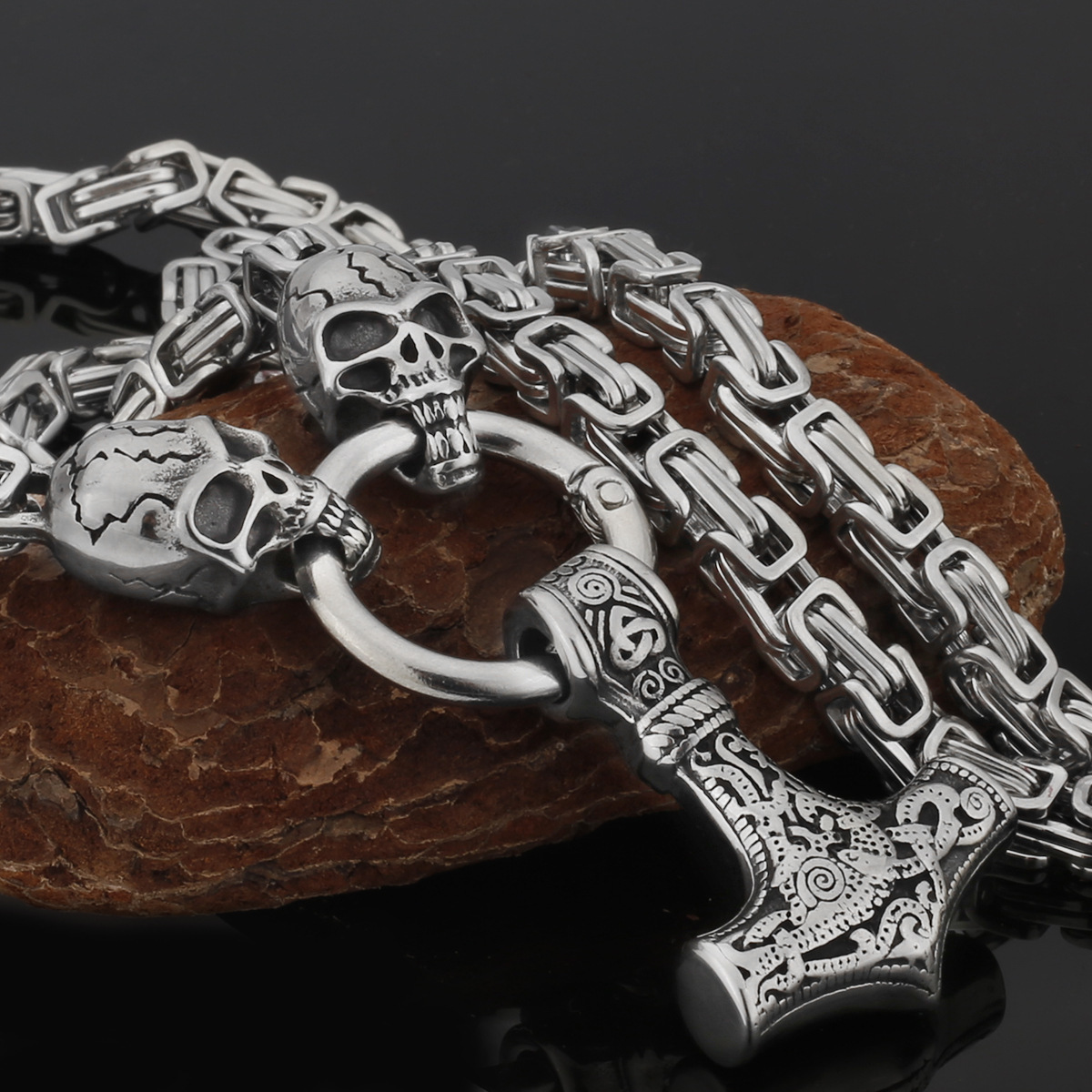 Hammer with skulls Vikings stainless steel chain Viking Thor pendant Gift for Him Skull heads steel Thor Viking Series Jewelry