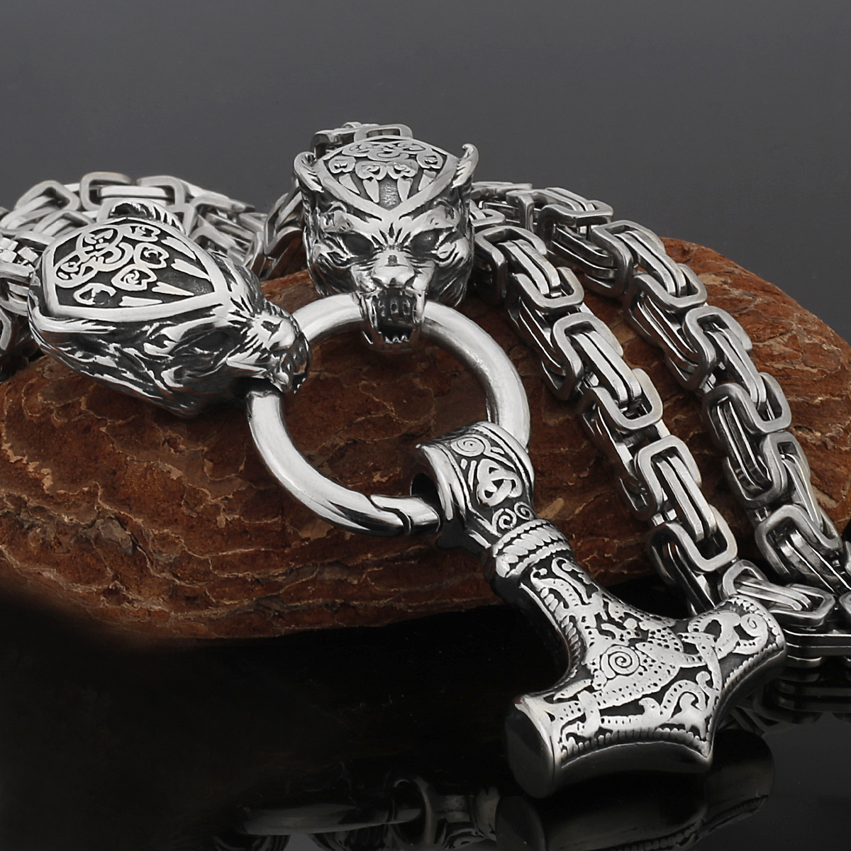 Hammer with skulls Vikings stainless steel chain Viking Thor pendant Gift for Him Skull heads steel Thor Viking Series Jewelry