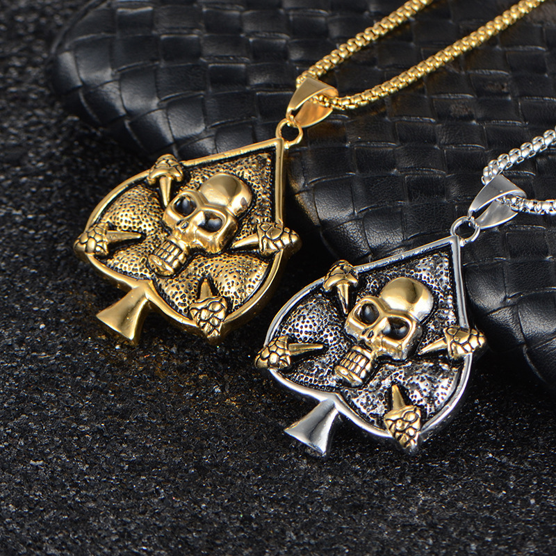 Halloween Jewelry Vintage Playing Cards Spade Skull Pendant Stainless Steel Mens Heart Skull Skeleton Shape Pendant