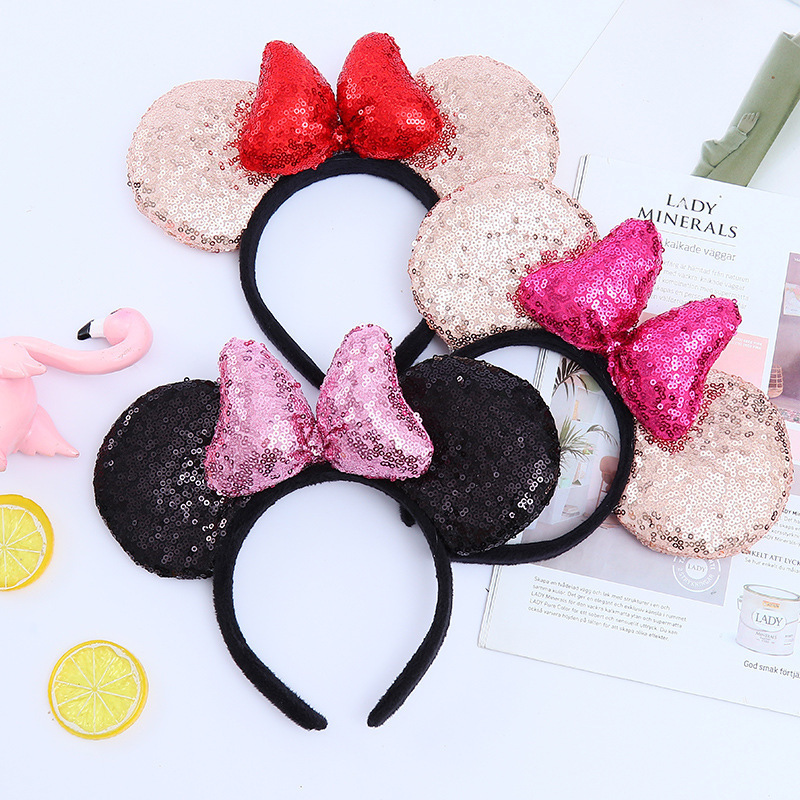 Factory Directly Selling Mickey Ear Hairbands With Crown Sequins Material Kids Hair Accessories Festival Headbands