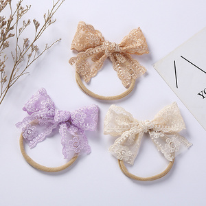 Children's hair accessories super soft nylon hair band baby girls elastic hair bands embroidered headband with bow