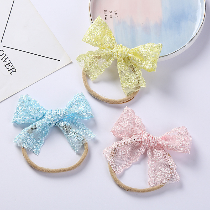 Children's hair accessories super soft nylon hair band baby girls elastic hair bands embroidered headband with bow