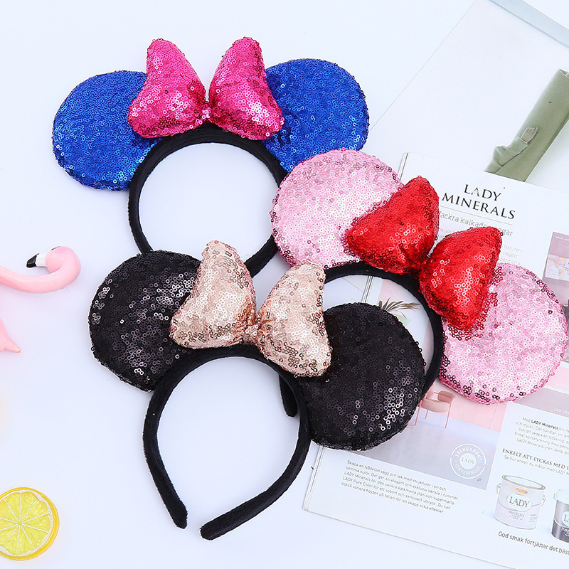 Factory Directly Selling Mickey Ear Hairbands With Crown Sequins Material Kids Hair Accessories Festival Headbands