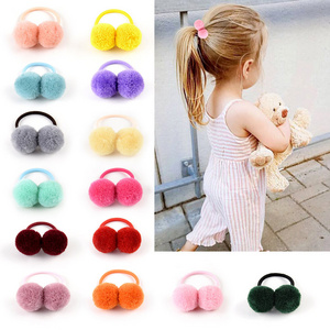 1.4" Small Solid Double Fur Ball With Elastic Rope Handmade Hair Band For Kids Girls Hair Accessories 979