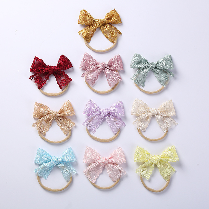 Children's hair accessories super soft nylon hair band baby girls elastic hair bands embroidered headband with bow