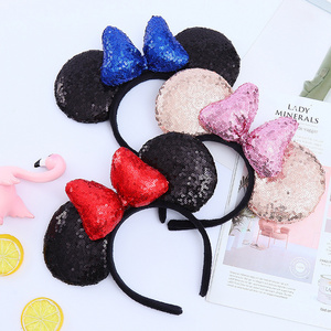 Factory Directly Selling Mickey Ear Hairbands With Crown Sequins Material Kids Hair Accessories Festival Headbands