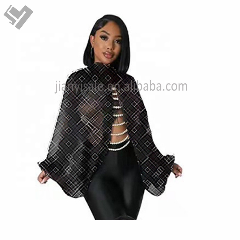 New arrival women designer print high neck puff sleeve ladies blouse tops sexy see through split mesh chiffon blouse shirt