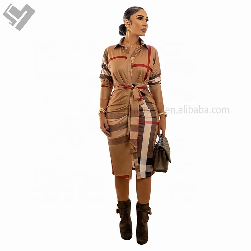 spring fall women designer plaid blouse dress elegant long sleeve turn down collar button up shirt dress brand luxury midi dress