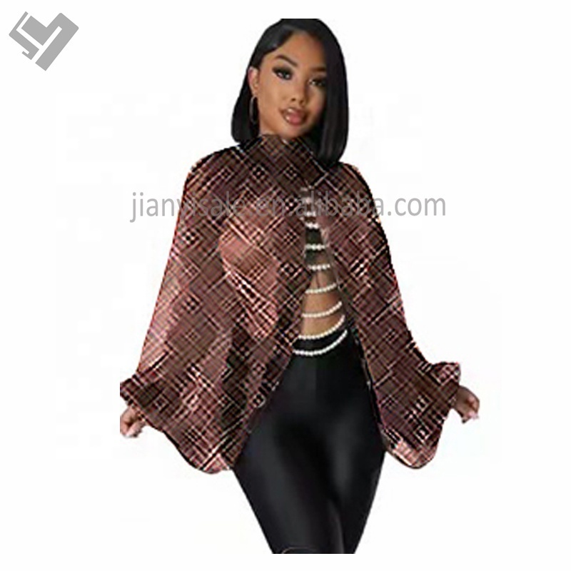 New arrival women designer print high neck puff sleeve ladies blouse tops sexy see through split mesh chiffon blouse shirt