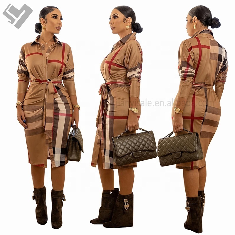 spring fall women designer plaid blouse dress elegant long sleeve turn down collar button up shirt dress brand luxury midi dress