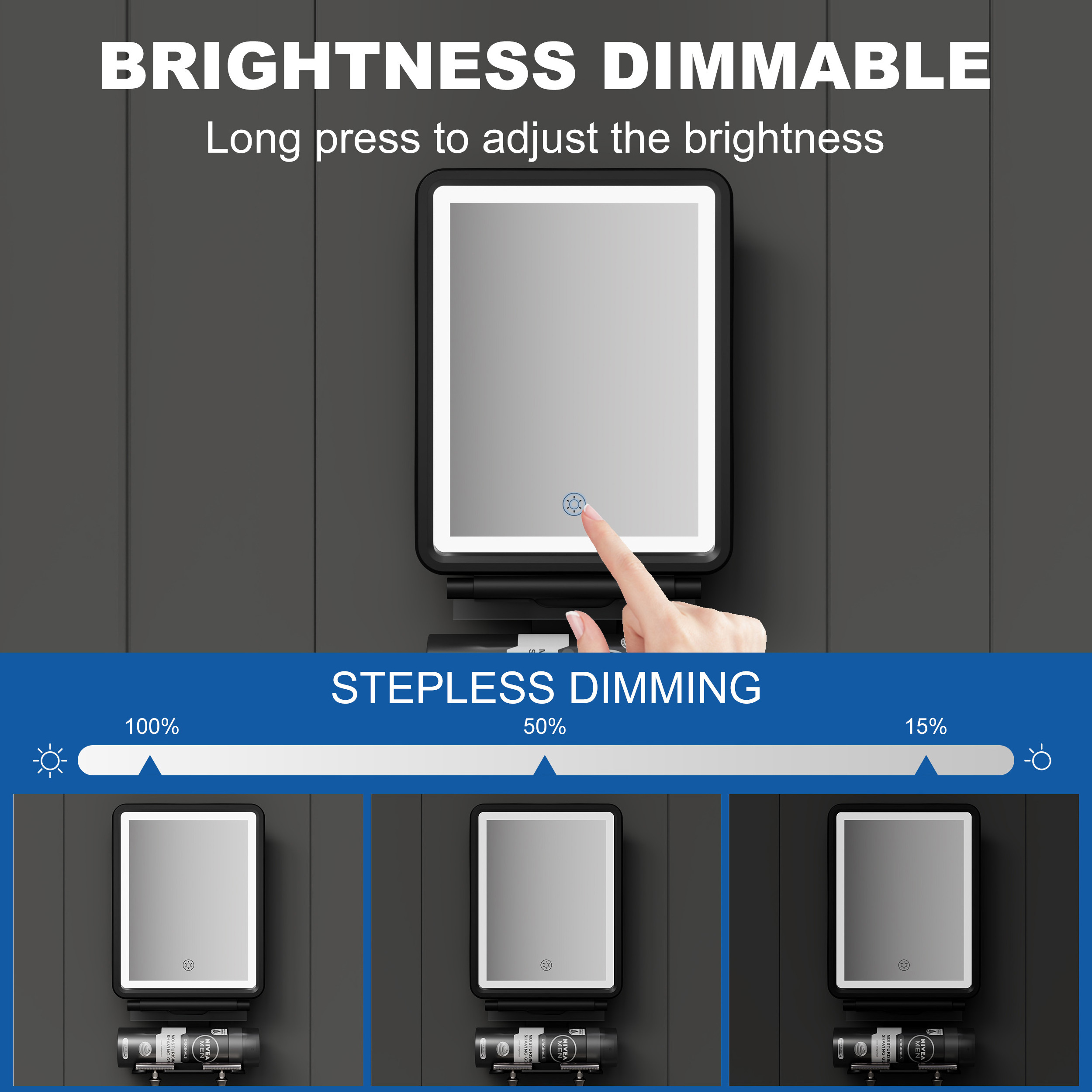 No-Drilling Illuminated Battery Square Wall Mounted Anti Fog Bathroom Fogless Led Shower Shaving Mirror With Light