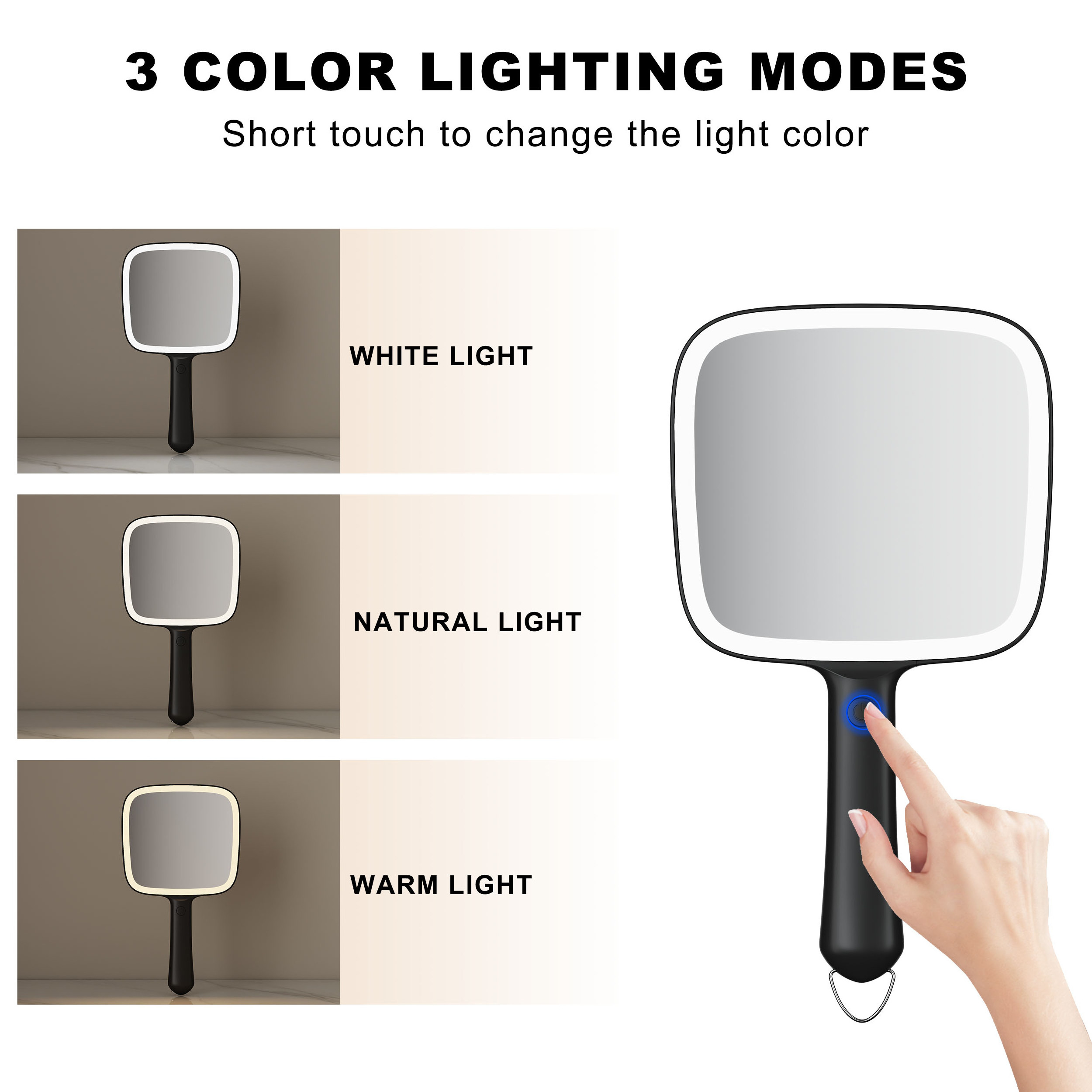 Light Up Battery Operated Square Black Travel Bulk Handheld Makeup Hand Held Mirror Handle With Led Light Custom Hand Mirror