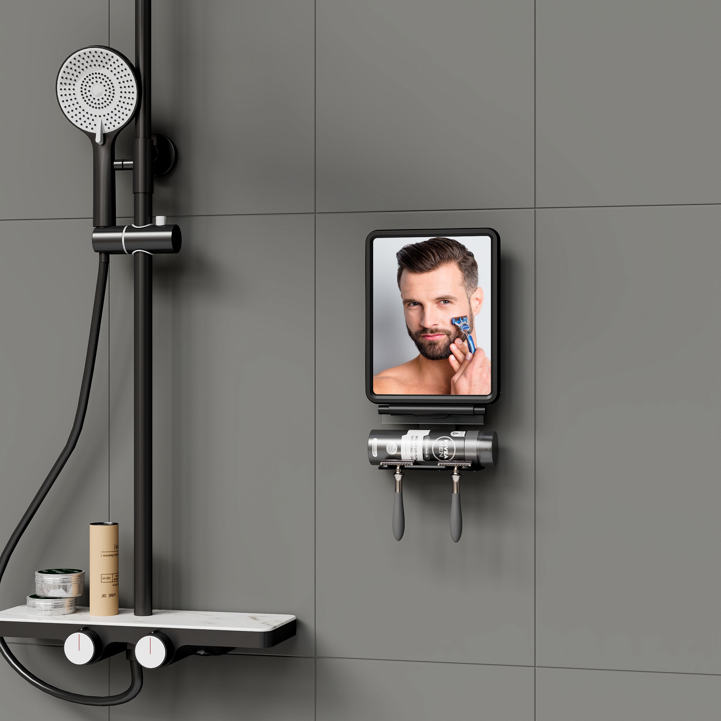 Bathroom Accessories Black Square Wall Mounted Adjustable Anti Fog Shower Fogless For Shaving Mirror With Razor Holder