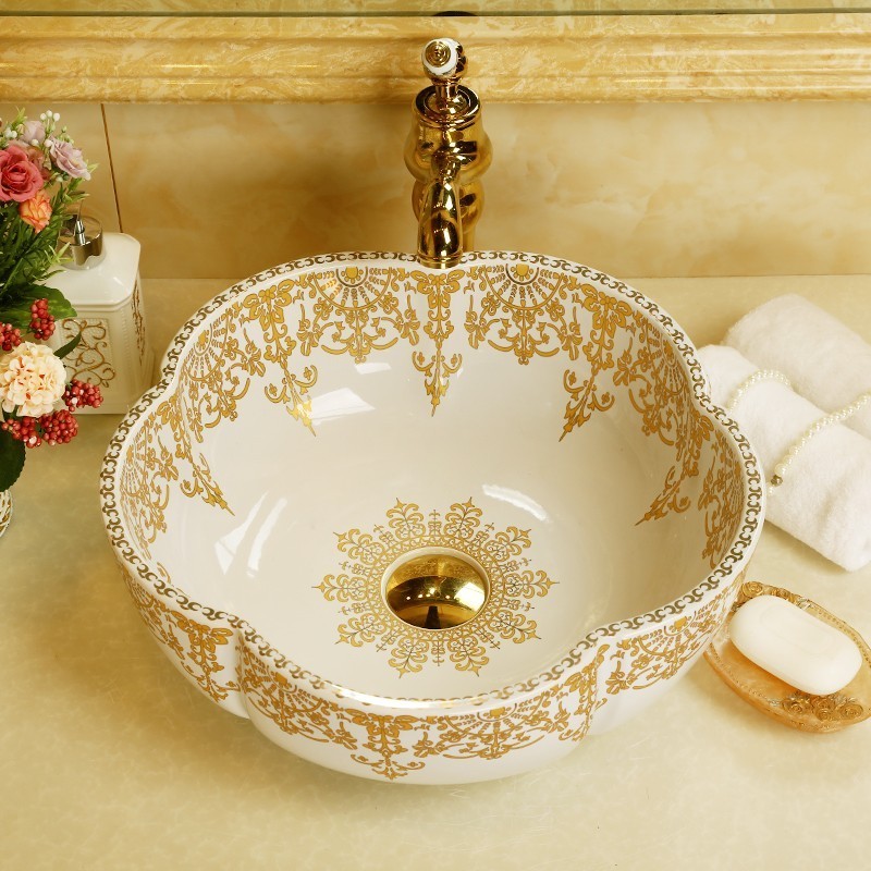 Various Jingdezhen Ceramic Art Hand Maded Porcelain Bathroom Wash Basin Sinks Flower Shape Sink Bowl for Hotel