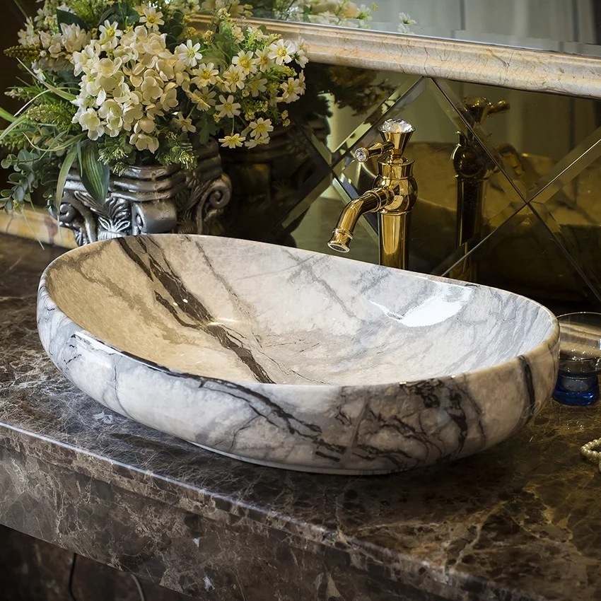 Luxury handmade oval shaped marble bathroom wash basin for decoration