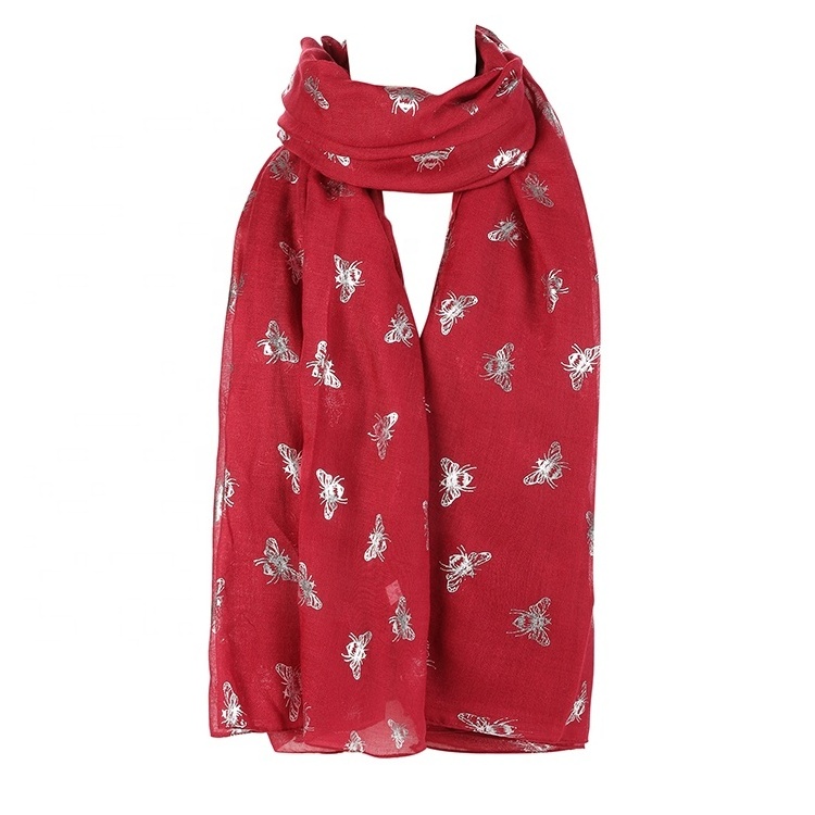 Hot Sale Polyester Scarf for Women Fashionable Glitter Bee Print Lovely Soft Shawl Big Size Spring Season Adult Department