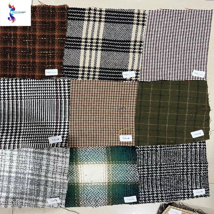 Keqiao jiaolan textile yarn dyed tweed fabric wholesale woolen checks fabric caot cloth stocklot plaid polyester wool fabric