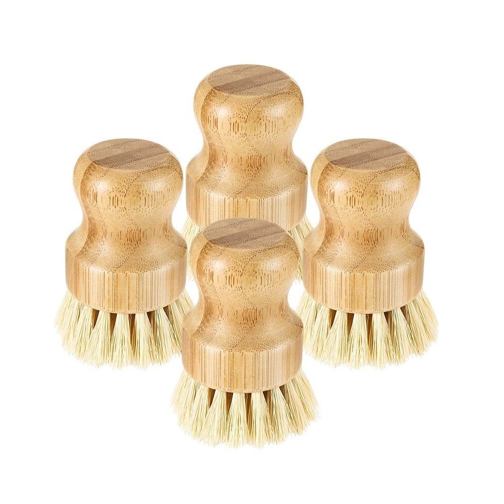 Eco-friendly Bamboo Mini Scrub Brush Vegan Sisal Bristle Bamboo Wooden Pot Kitchen Dish Washing Brush