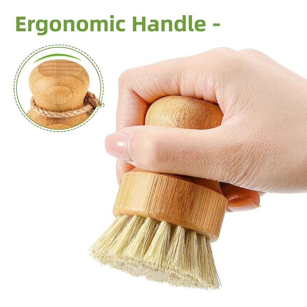 Eco-friendly Bamboo Mini Scrub Brush Vegan Sisal Bristle Bamboo Wooden Pot Kitchen Dish Washing Brush