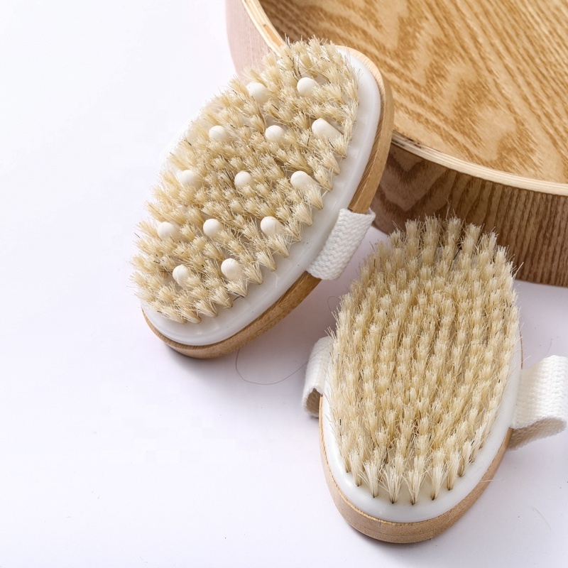 Private Label Exfoliating Body Scrubber Shower Brush Wet and Dry Brushing Bamboo Dry Body Brush for Massage