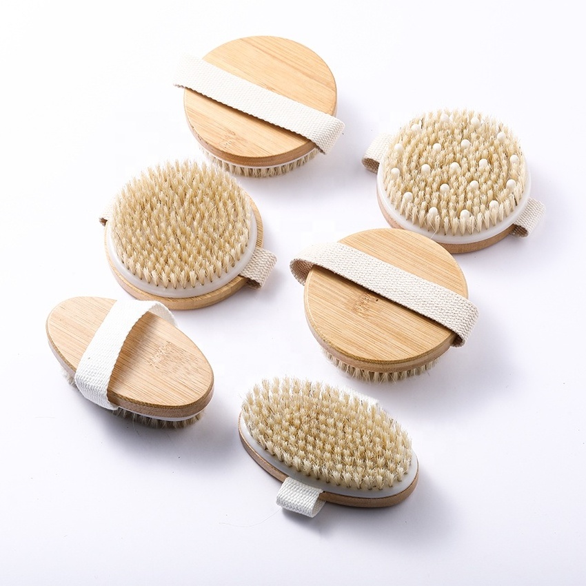 Private Label Exfoliating Body Scrubber Shower Brush Wet and Dry Brushing Bamboo Dry Body Brush for Massage