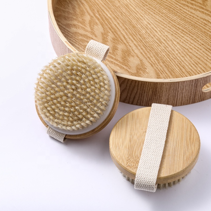 Private Label Exfoliating Body Scrubber Shower Brush Wet and Dry Brushing Bamboo Dry Body Brush for Massage