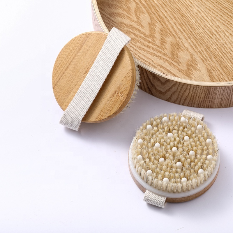 Private Label Exfoliating Body Scrubber Shower Brush Wet and Dry Brushing Bamboo Dry Body Brush for Massage