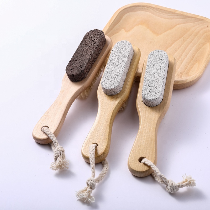 Double Side Natural Boar Bristle Bath Scrubber Feet Brush Wooden Bamboo Massage Foot Cleaner Brush with Natural Lava Stone