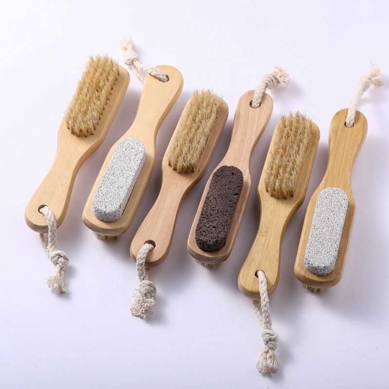 Double Side Natural Boar Bristle Bath Scrubber Feet Brush Wooden Bamboo Massage Foot Cleaner Brush with Natural Lava Stone