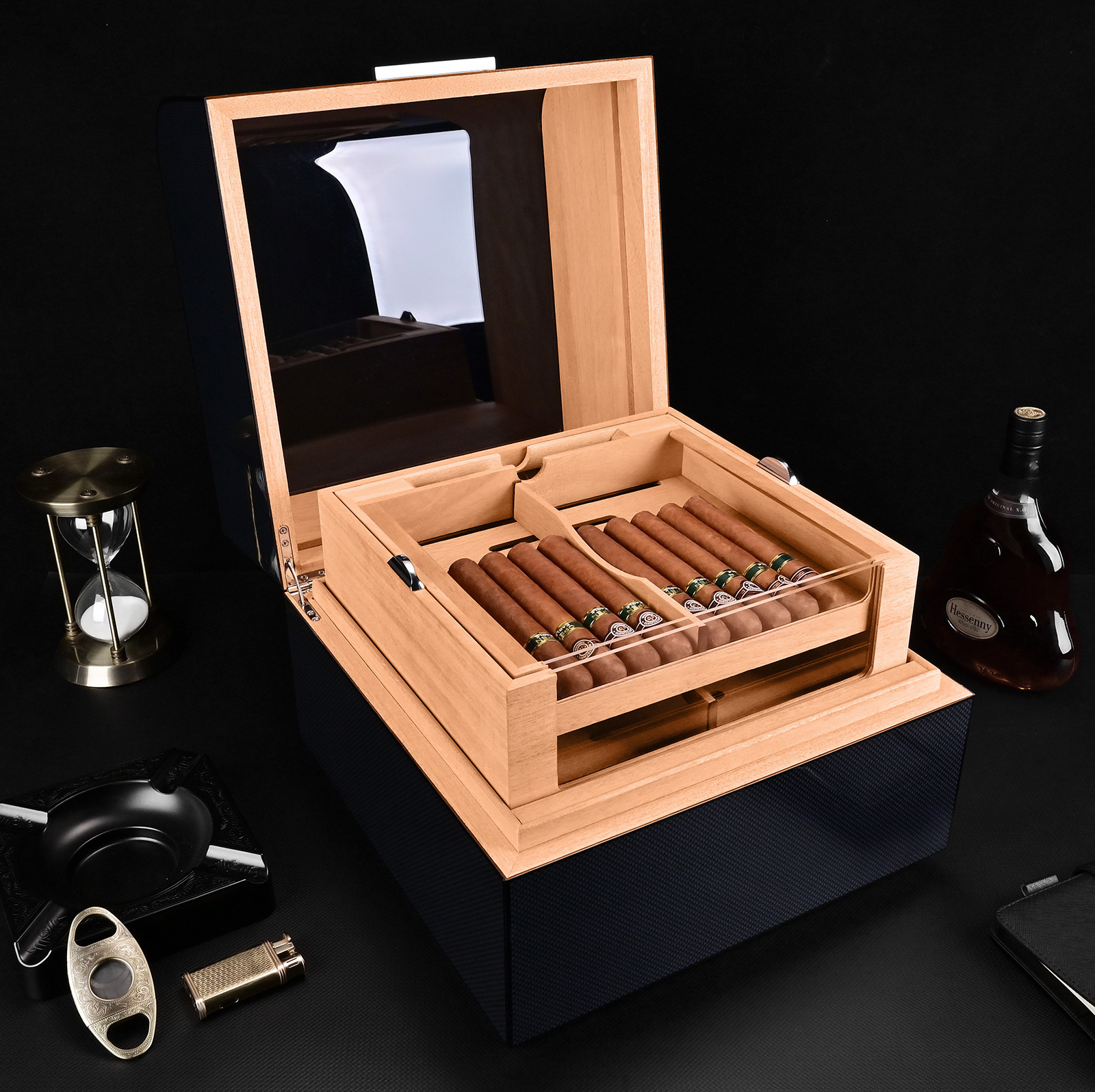 CIGARLOONG Glasstop commercial Cigar Humidor BlackCedar Wood Dispalying Box With Lock cigar cases/humidors