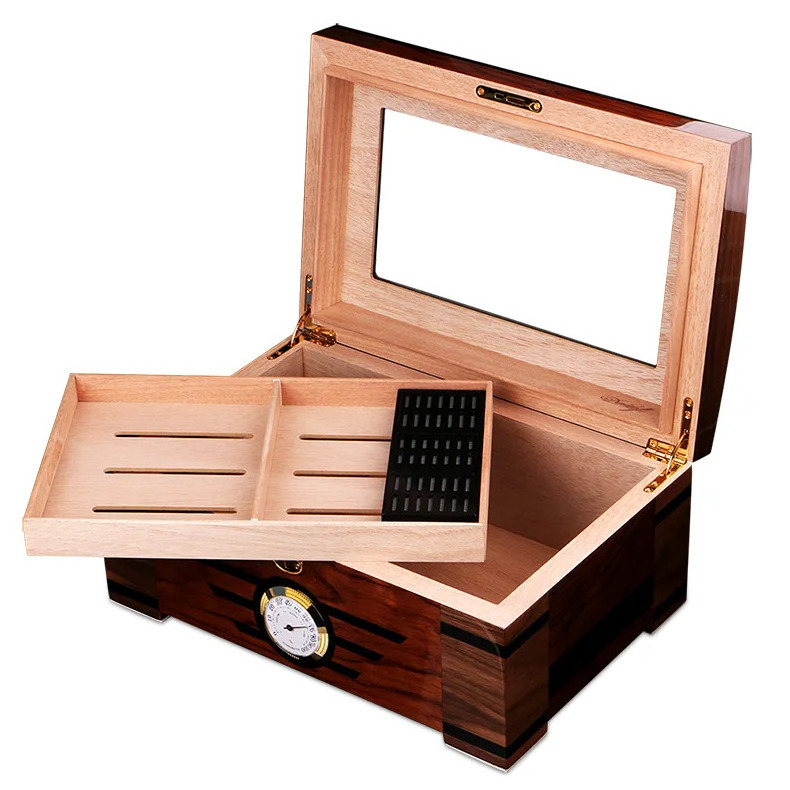 CIGARLOONG Large Capacity Humidor with Hygrometer and Humidifier, Holds Approx.100 Cigars, Double Compartment Cedar Humidor