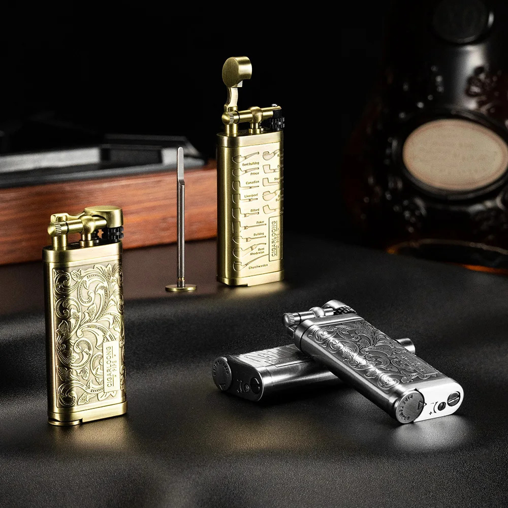 Cigar Drill Pipe Lighter Press Bronze Antique Silver Unique Patterns Portable Multifunction Gift Box Cigar Lighter