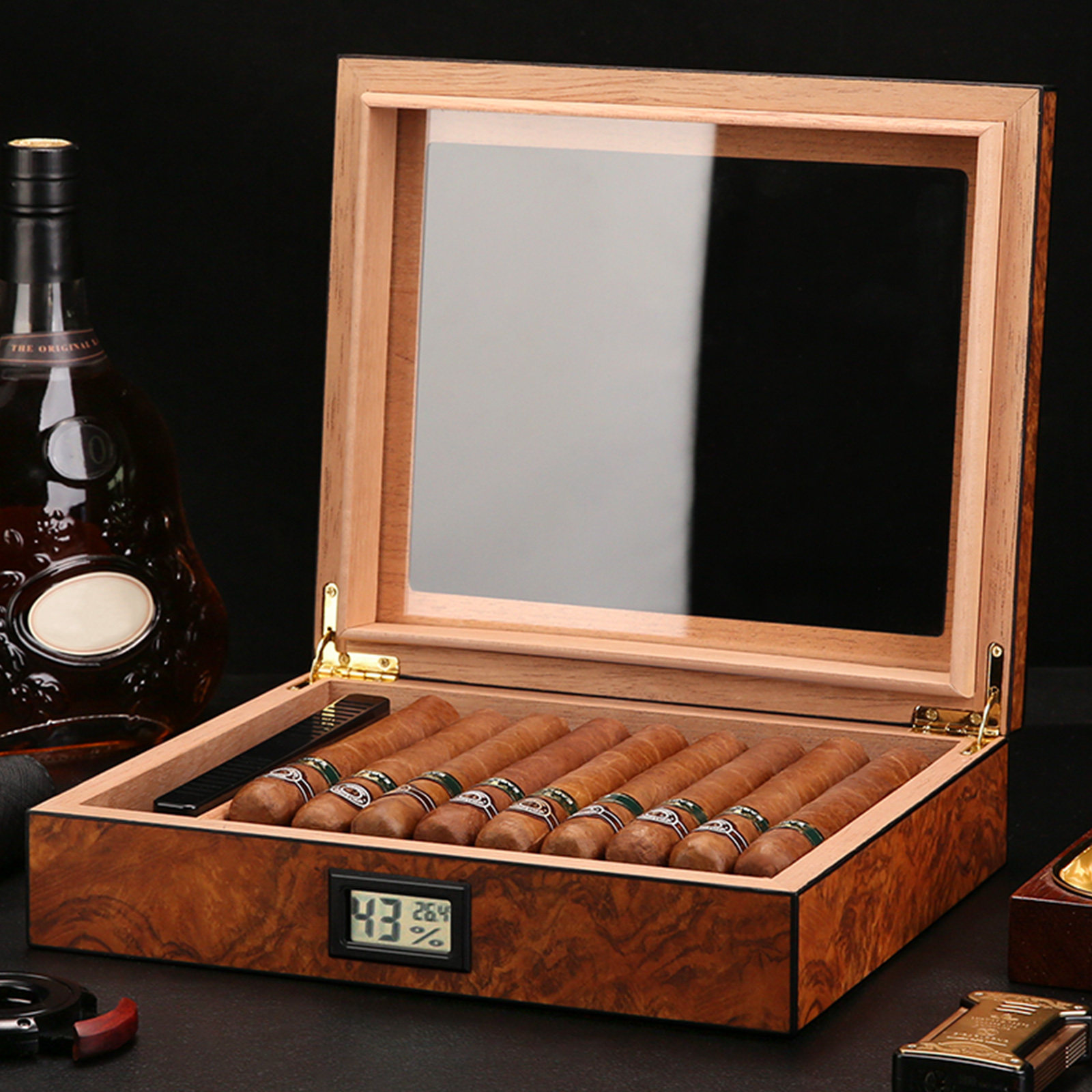 L CIGARLOONG Cedar Wood Humidor, Built-in Hygrometer Box Humidifier, Large Capacity  Cigar Humidor