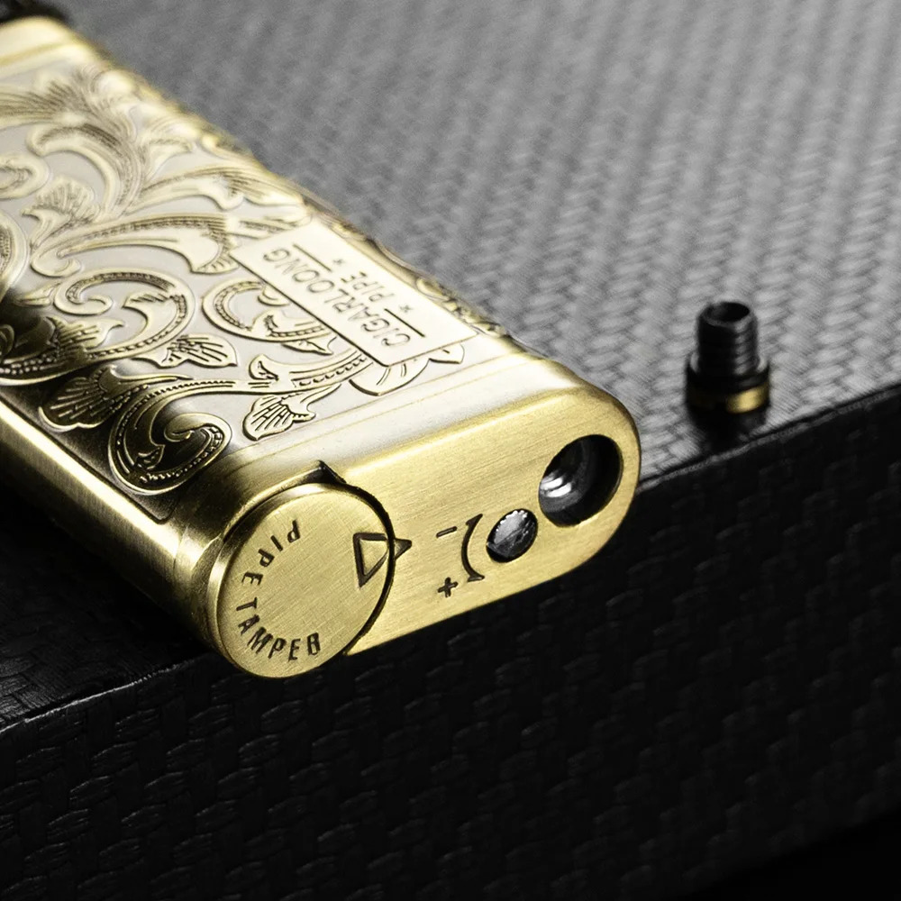 Cigar Drill Pipe Lighter Press Bronze Antique Silver Unique Patterns Portable Multifunction Gift Box Cigar Lighter