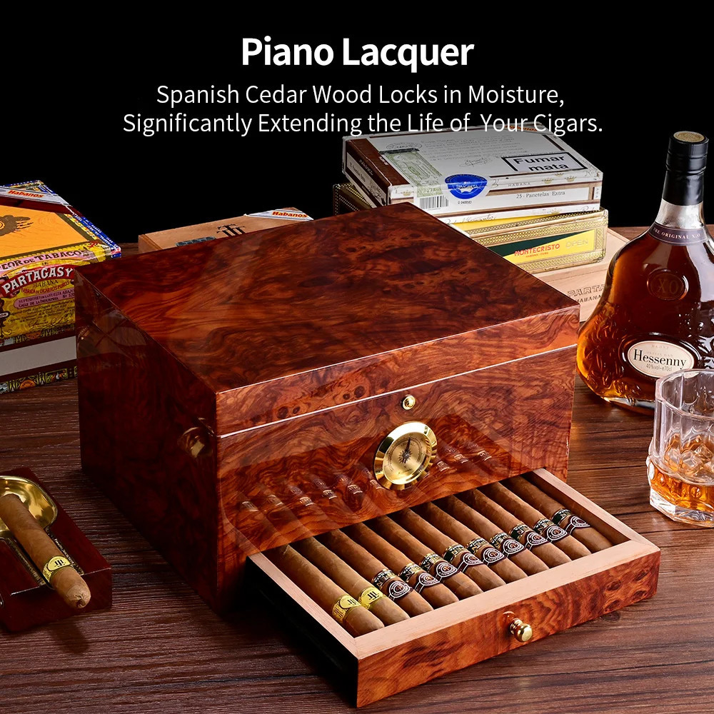 CIGARLOONG Large capacity cigar box for about 50 cigars, double compartment storage original wood grain cedar cigar humidor