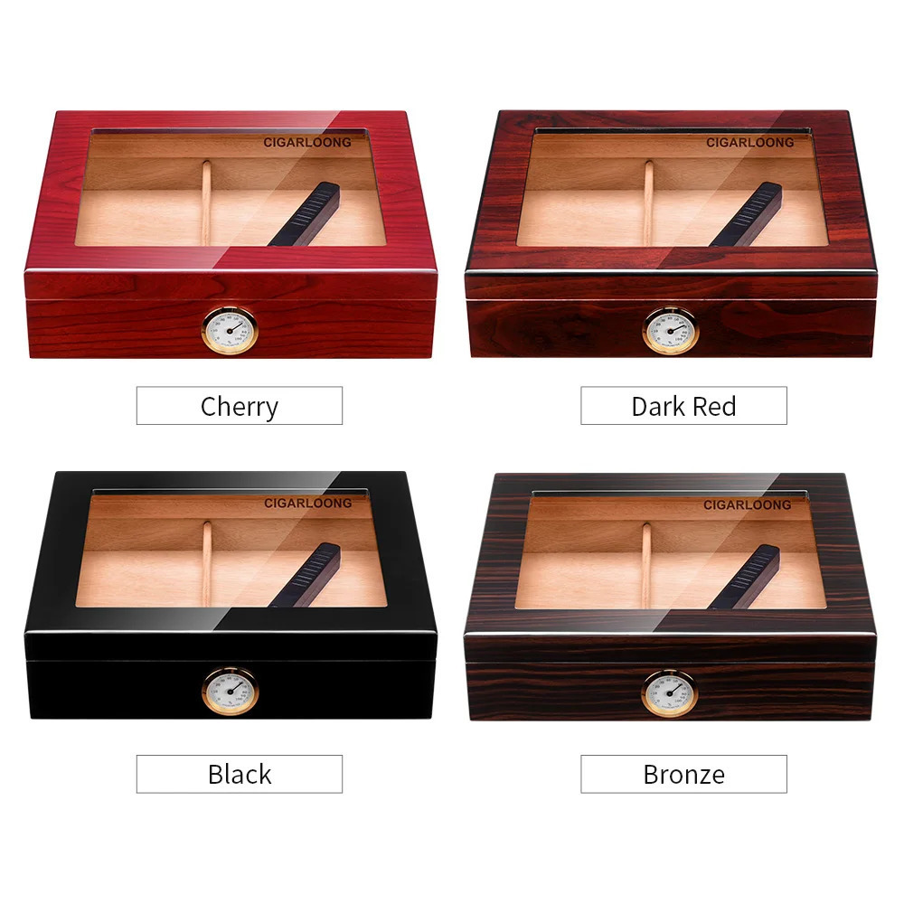 CIGARLOONG Cedar Wood Humidor with Built-in Hygrometer Box Humidifier, Holds 35 Cigars Piano Lacquer Cigar Humidor